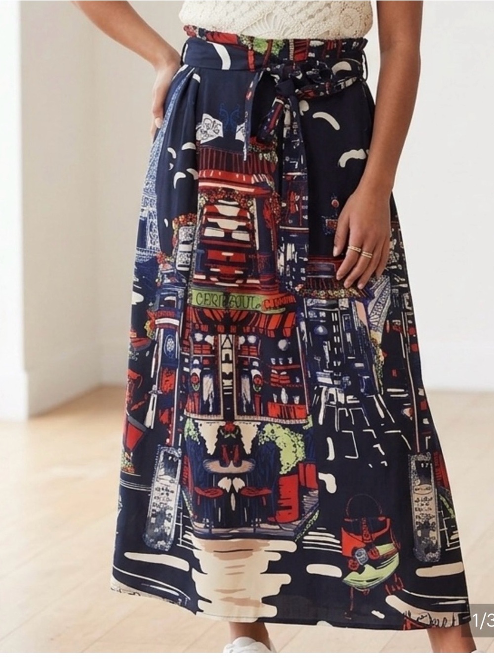 Her Destiny Paris Scene Paper Bag Waist Navy A-Line Maxi Skirt
